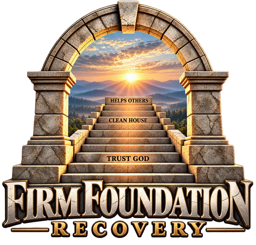Firm Foundation Recovery logo: a stone archway with steps marked Trust God, Clean House, Help Others